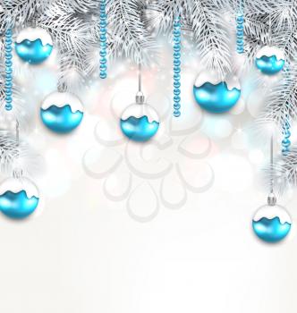 Illustration Holiday Fir Branches and Christmas Blue Balls, Copy Space for Your Text - Vector