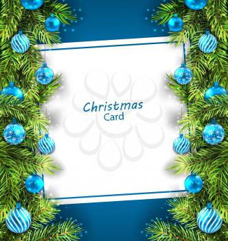 Illustration Christmas Card with Fir Twigs and Glass Balls, Holiday Blue Background - Vector