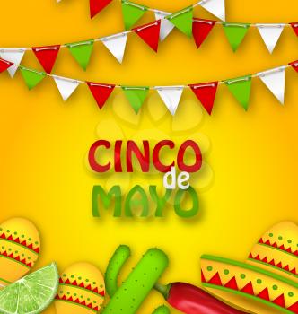 Illustration Holiday Celebration Poster for Cinco De Mayo with Chili Pepper, Sombrero Hat, Maracas, Piece of Lime, Cactus. Bunting Adornment with Traditional Mexican Colors - Vector