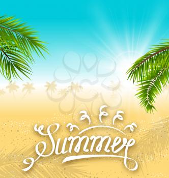 Illustration Tropical Nature Background with Palm Leaves and Beach. Lettering Text. Template of Poster for Vacation - Vector
