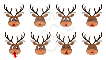 Heads of Deer with Different Emotions - Smiling, Sad, Anger, Aggression, Drowsiness, Fatigue, Malice, Fear - Illustration Vector
