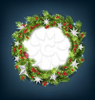Christmas Wreath with Silver Stars for Happy New Year 2019. Card Template - Illustration Vector