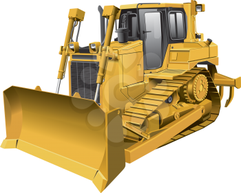 Detailed vector image of large light-brown tracklaying dozer, isolated on white background. File contains gradients. No blends and strokes.
