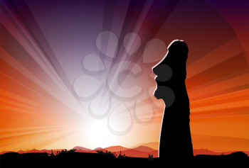 Royalty Free Clipart Image of an Easter Island Statue at Sunrise