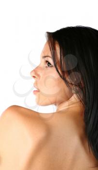 portrait in profile of sexy brunette isolated on white background
