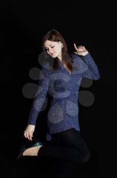 cute young pretty girl in stylish knitted blue dress