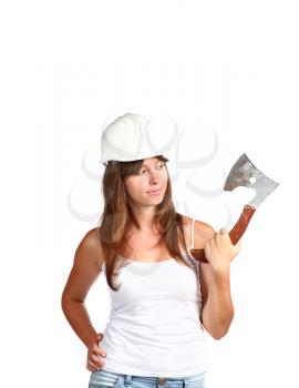 Young woman 20-25 years  with axe on white background