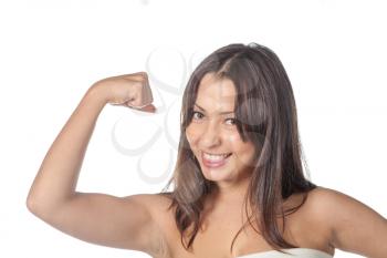 Pretty woman in black flexing her muscles