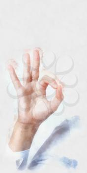 Watercolor painting Businessman's hand showing OK sign, studio shot on gray background.  High resolution