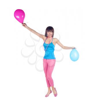 Young caucasian woman with two balloons on white