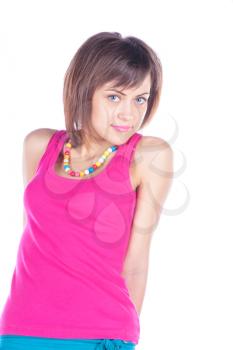 Beautiful sexy girl with long hair wearing pink shirt torso studio shot on white