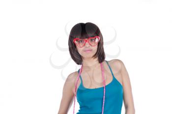 Young woman with brown hair in party funny glasses.