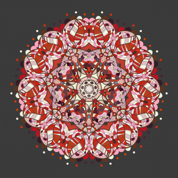Oriental mandala motif round lase pattern on the gray background, like snowflake or mehndi paint of Red color. Ethnic backgrounds concept