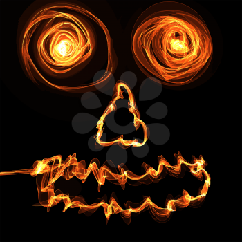 Angry face in a fire on the dark background.