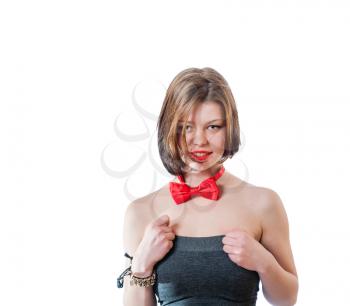 front view of the young female weared bow tie, isolated on white background