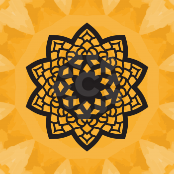 Elegant yantra-like pattern on yellow seamless texture. Hand-drawn mandala flower. Ornamental round seamless lace pattern. Abstract vector tribal ethnic yoga yantra background endless pattern. 