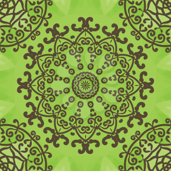 Floral Seamless Pattern on green texture, hand-drawn mandala flower. Ornamental round seamless lace pattern. Seamless background with silhouettes of oriental yantras. Islamic, Arabic, Asian Motifs. 