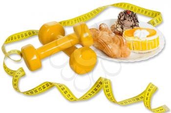 Royalty Free Photo of Tape Measure, Desserts and Weights
