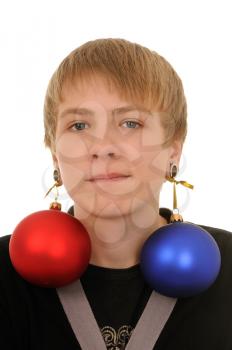 Royalty Free Photo of a Teenager With Christmas Ornament Earrings