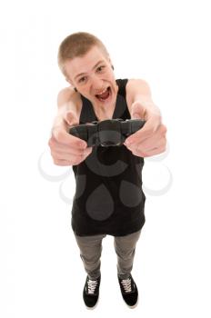 funny skinny teenager with a joystick isolated on white background
