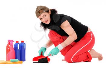 The woman makes cleaning isolated on white background