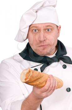 chef with French roll isolated on white background