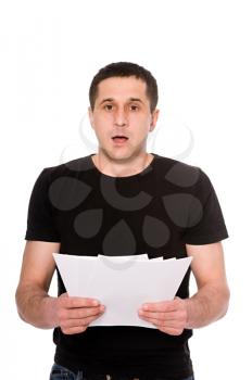 frightened man with letter isolated on white background