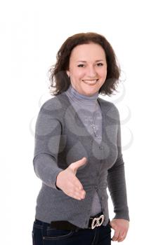 woman holds out his hand to greet isolated on white background