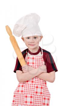 boy in chef's hat stand crossed arms isolated on white background