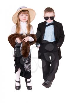 girl in hat and boy in a black suit isolated on white background
