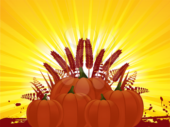 Royalty Free Clipart Image of an Autumn Background With Corn and Pumpkins