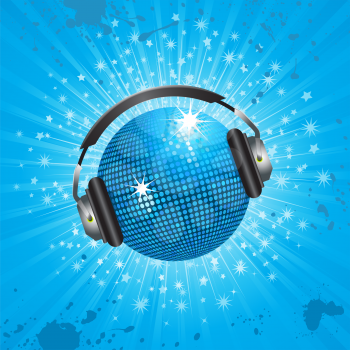 Royalty Free Clipart Image of a Sparkling Disco Ball With Headphones