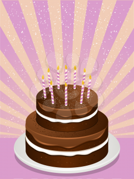 Royalty Free Clipart Image of a Two Tiered Chocolate Cake With Birthday Candles