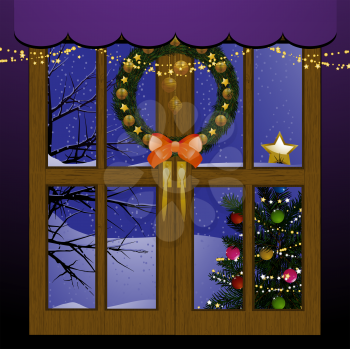 Royalty Free Clipart Image of a Window With Christmas Decorations