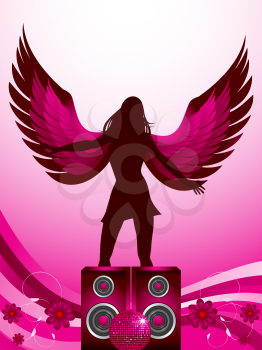 Royalty Free Clipart Image of an Angel Standing on Speakers