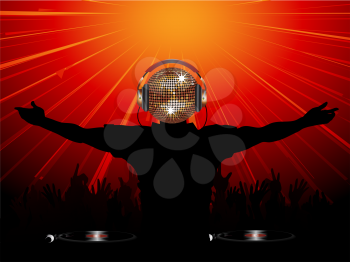 Royalty Free Clipart Image of a DJ With a Disco Ball Head at a Party