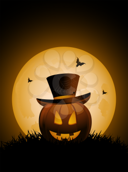 Royalty Free Clipart Image of a Pumpkin With a Top Hat and Bats