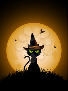 Royalty Free Clipart Image of a Black Cat in Front of a Full Moon