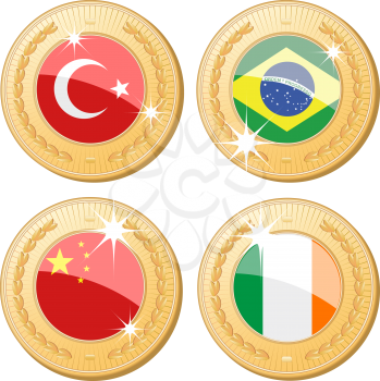 Royalty Free Clipart Image of Gold Medals With Turkey, Brazil, China and ROI Flags in the Center 