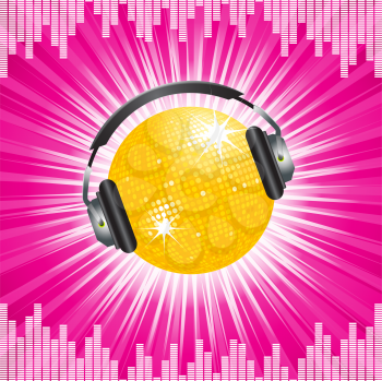 Royalty Free Clipart Image of a Sparkling Disco Ball With Headphones 