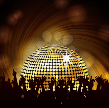 Royalty Free Clipart Image of a Gold Disco Ball With a Crowd