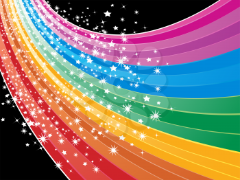 Royalty Free Clipart Image of a Sweeping Rainbow Wave and Sparkling Stars