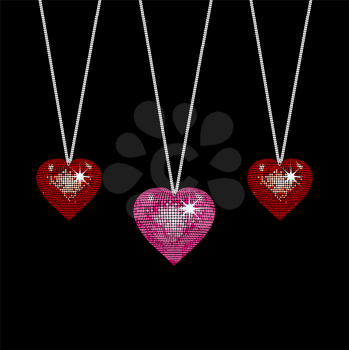 Royalty Free Clipart Image of a Set of Three Disco Style Valentine Heart Pendants 