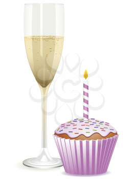 Champagne filled flute and a pink birthday cupcake with candle