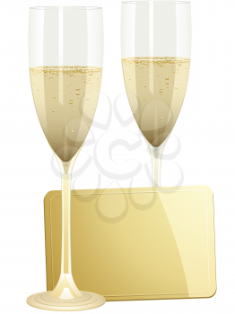 Champagne flutes and gold gift tag on a white background