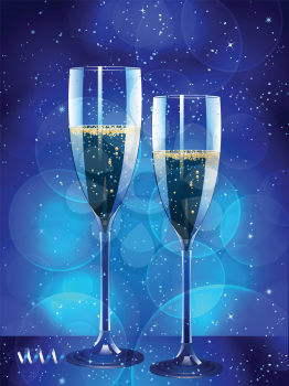 Champagne filled flutes on a glowing blue background