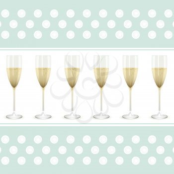 champagne filled flute glasses on a white border against duck egg blue background with swirly circles
