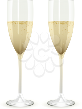 Two champagne glasses filled with champagne on a white background