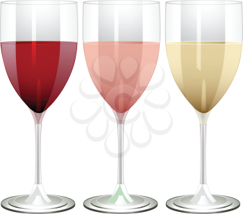 wine glasses filled with red, rose and white wine on a white background