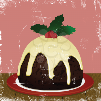 Christmas pudding with brandy cream sauce, on a distressed retro style background
